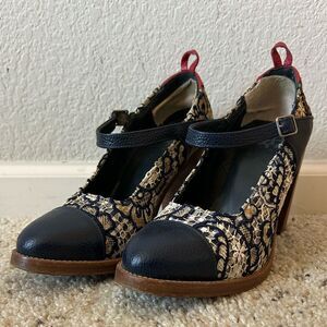 Brooks Brothers Black Fleece Thom Browne Mixed Print  Heeled Mary Janes, Size 10